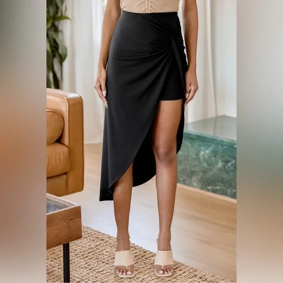 LULUS Put a Spin On It Black Twist-Front High-Low Midi Skirt * The EVERYTHING - Picture 5 of 12